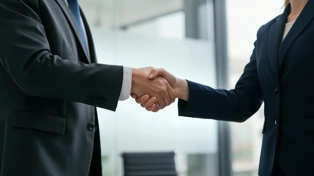 Business Agreement Reached: Successful Handshake Between Executives in Modern Office Setting