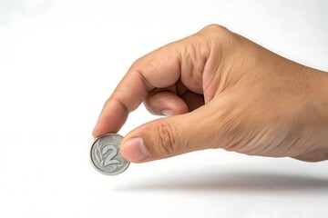 Hand holding two dollar coin isolated on white background