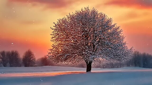 Winter Landscape with Snow Covered Tree and Golden Sunset Scenery for Calm Background