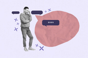 Creative trend collage of person with big text box on purple background