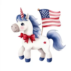 4th of July Watercolor drawing of a cute unicorn holding a national banner perfect for patriotic celebration theme.