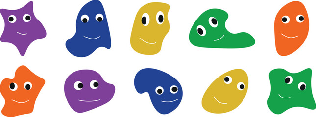 Fototapeta premium Smiling Cartoon Creatures Vector Collection – Happy, Funny, and Colorful Alien Monsters with Unique Expressions, Emotive Faces, and Playful Character Design Elements