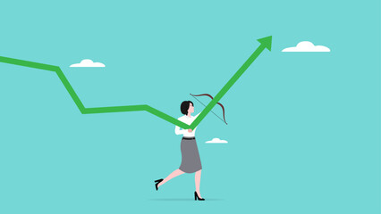 strategy to increase business development, procedure to achieve business growth or career success, smart businesswoman t increasing the financial graph by pulling an arrow concept vector illustration