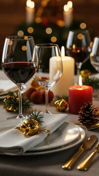 Festive Christmas dinner table setting with red wine glasses elegant plates and golden napkin rings. Christmas table decor includes candles pine cones and ornaments. Perfect Christmas dinner concept 