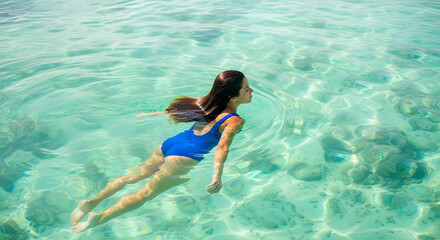 Young Woman Swimming in Clear Tropical Water | Relaxing Ocean Swim in Blue Swimsuit Over Coral Reef in Exotic Beach Destination