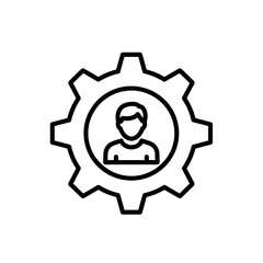 User profile or skill settings icon with a person symbol inside a gear, black outline