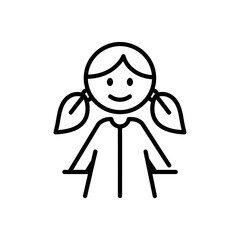 Simple black outline stick figure of a smiling girl with pigtails