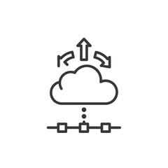 Cloud computing and connectivity icon with a cloud, upload/download arrows, and network nodes, black outline