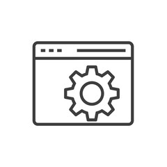 Website or browser settings icon with a browser window and a gear, black outline style