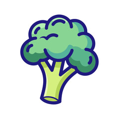 Cartoon illustration of a fresh green broccoli floret with dark blue outlines