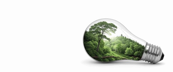 "Eco-friendly concept illustration featuring a glowing bulb blending with a lush forest, symbolizing green energy and sustainability on a clean white background with space for text."