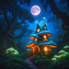 Mashroom home surrounded by lovely scenery in the moon night. 