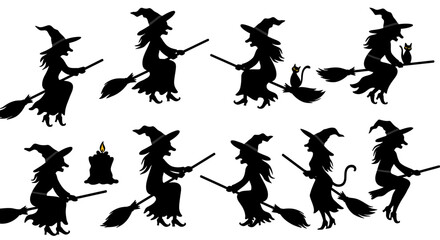 Halloween Witches Flying on Brooms with Cats
