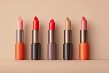 Obraz premium Five lipstick tubes stand in a row showing varying colors
