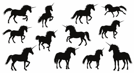 Twelve Silhouettes of Majestic Unicorns in Various Poses