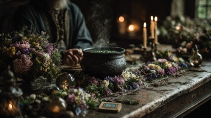 Mystical fortune telling setting with cauldron, candles, and tarot cards