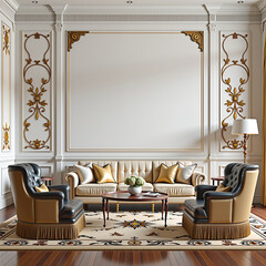 Luxurious classic living room interior, intricate detailing, and decorative wall paneling with vintage-style sconces. The design combines neoclassical elegance with rich patterns and textures, 