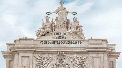 Top of Triumphal arch at Rua Augusta at Commerce square timelapse in Lisbon, Portugal.