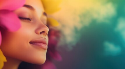 Fototapeta premium Young woman enjoying tranquility surrounded by vibrant flowers outdoors