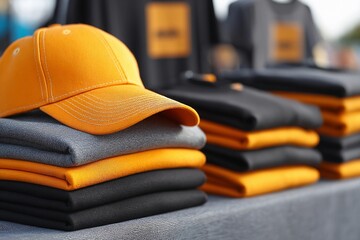 Colorful caps and neatly folded shirts displayed at outdoor market event