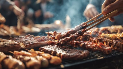 Outdoor grilling of various meats and vegetables.