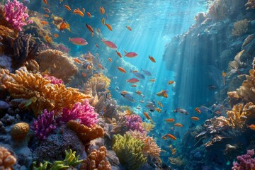 Vibrant coral reef with colorful fish swimming in clear blue water  