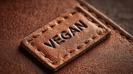 Close-up of mylo leather texture sample featuring a prominent vegan tag, showcasing the unique surface and craftsmanship