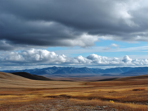 Remote landscape with rolling tundra and distant mountains, untouched nature