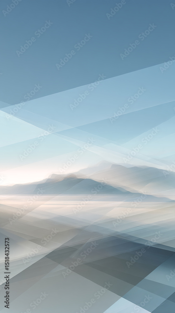 Poster abstract image of layered, translucent shapes over a hazy mountain landscape, conveying serenity and