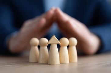 Hands protect wooden figures with arrow up. Business team, growth, support, protection, leadership, progress, corporate safety.