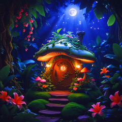 Mashroom home surrounded by lovely scenery in the moon night. 