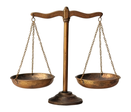 Antique brass scales of justice isolated on transparent background