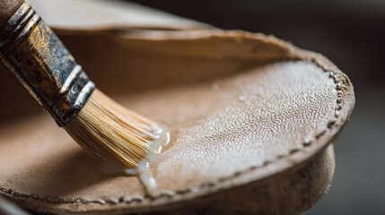A close-up view of sustainable glue being applied to a vegan shoe sole, highlighting eco-friendly craftsmanship and attention to detail in production