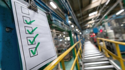 Environmental checklist hanging in a production area, showing checked items, with factory equipment in the background