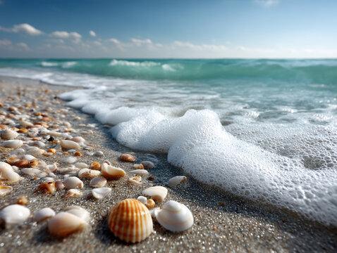 Serene beach with shells and gentle waves, close-up peaceful mood