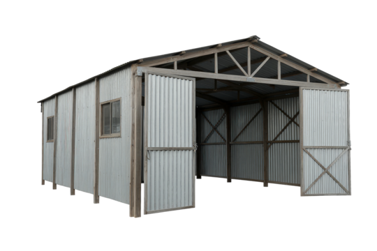 View of a metal building with an open door and exposed roof framework design on transparent background