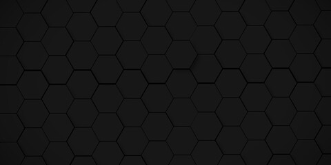 Abstract minimal black lines Hexagonal structure futuristic black background and Embossed Hexagon , honeycomb black mosaic cell web ,light and shadow texture design.