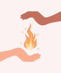 Two hands of different skin tones caring for a flame between them, flat vector illustration