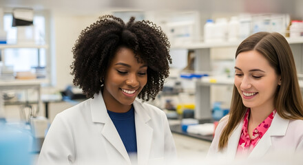 Two Female Scientists Collaborating in Modern Laboratory | Diverse Women Researchers in Lab Coats Working Together on Scientific Research or Experiment