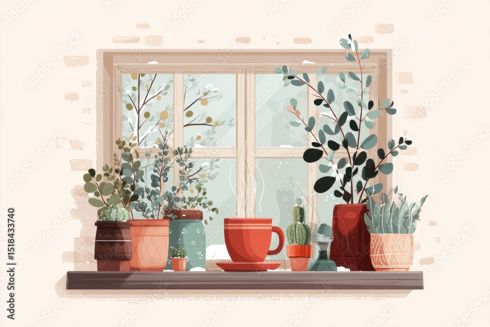 Poster spring window display showcasing potted plants and a cup of tea with a clean and cozy layout for rel