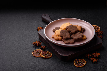 Sweet crispy biscuit with cocoa flavor, baking at home. Biscuit as a dessert