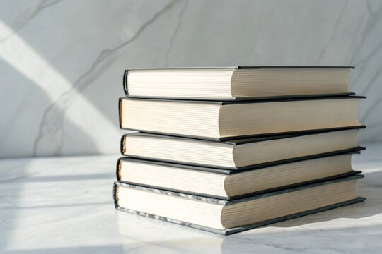 Stack of books on marble table in sunlight, Hardcover books stacked neatly, Books mockup with blank covers, Pile of closed books with hard covers, Book stack on white surface for study or design.