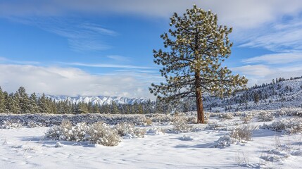 Solitary Pine Tree: Tall and Stark Against Pristine Snowy Landscape