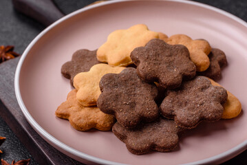 Sweet crispy biscuit with cocoa flavor, baking at home. Biscuit as a dessert
