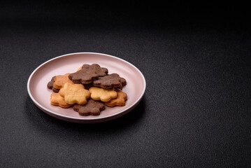 Sweet crispy biscuit with cocoa flavor, baking at home. Biscuit as a dessert