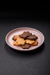 Sweet crispy biscuit with cocoa flavor, baking at home. Biscuit as a dessert