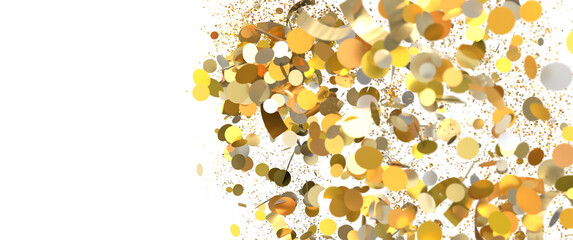 Golden confetti falling on white. Perfect for party, celebration, or festive designs.