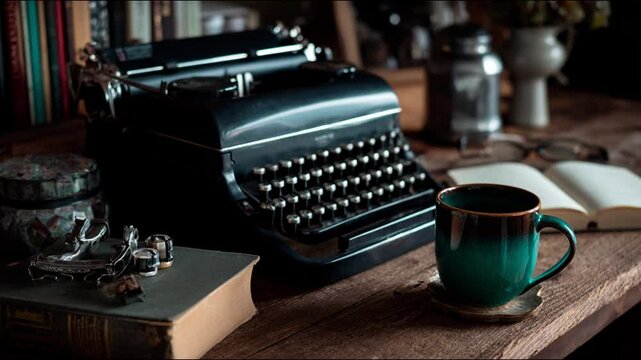 Vintage Writer's Desk with a Typewriter and a Coffee Cup.