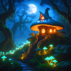 Mashroom home surrounded by lovely scenery in the moon night. 