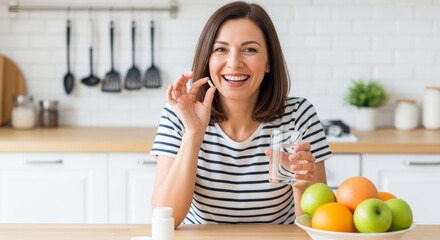 Smiling woman in striped shirt holding a glass of water and a pill, surrounded by fresh fruits on a kitchen table, promoting health and wellness lifestyle choices	